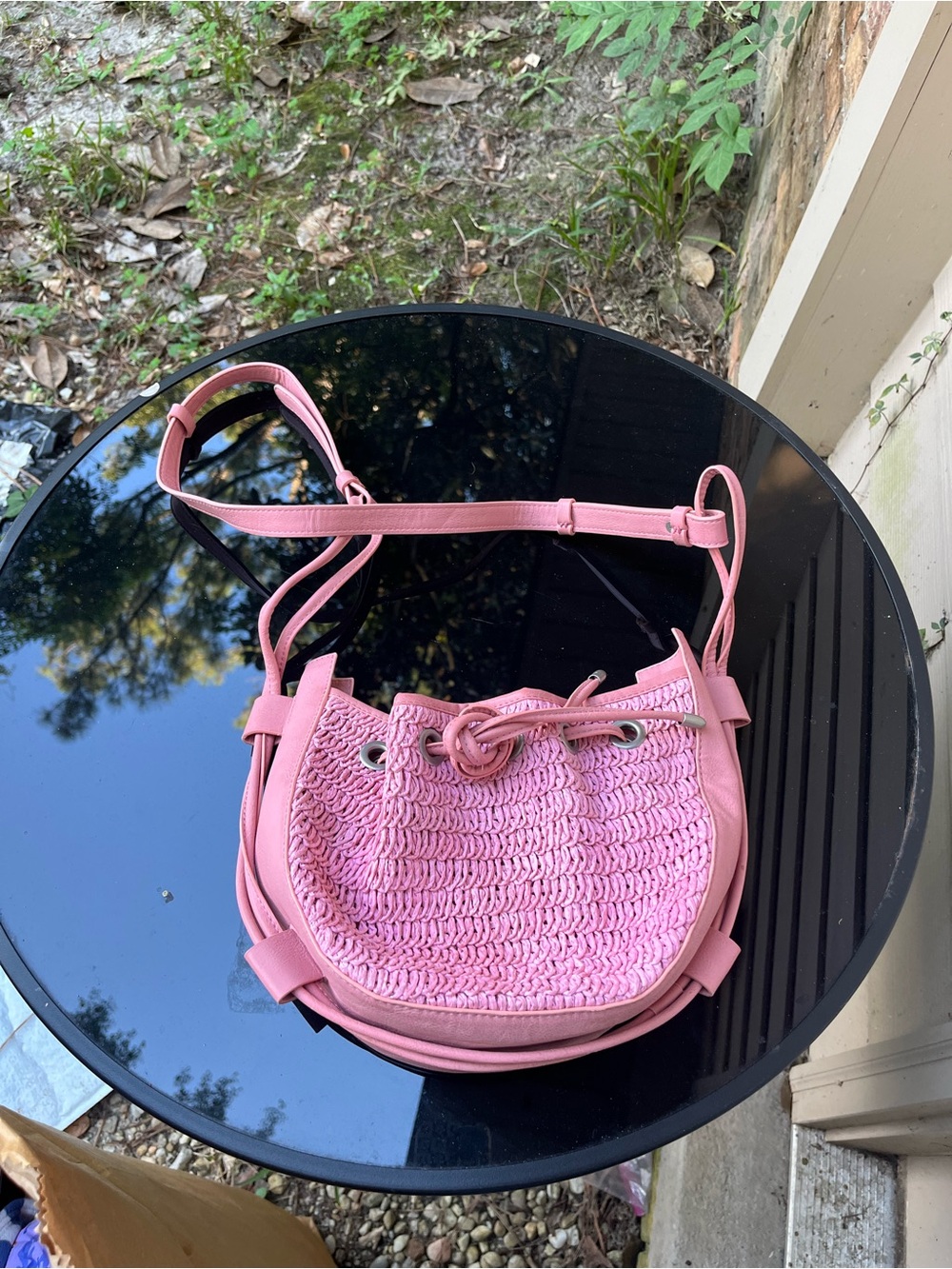 Free People Pink Cabana Woven Drawstring Crossbody Bag